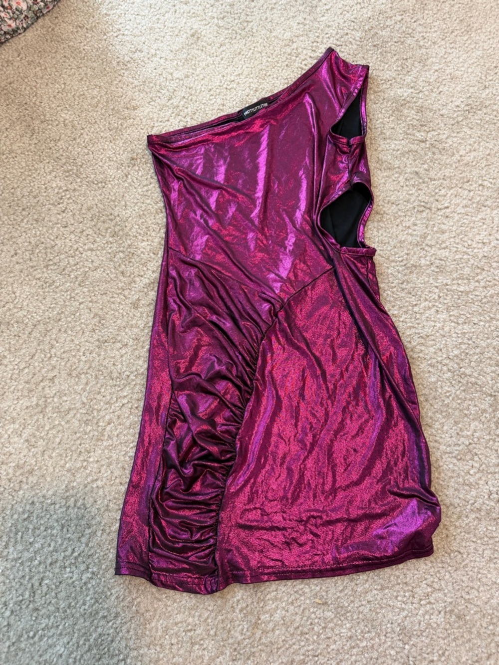 119- PrettyLittleThing Magenta Metallic One-Shoulder Ruched Mini Dress